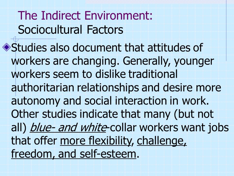 The Indirect Environment: Sociocultural Factors Studies also document that attitudes of workers are changing.